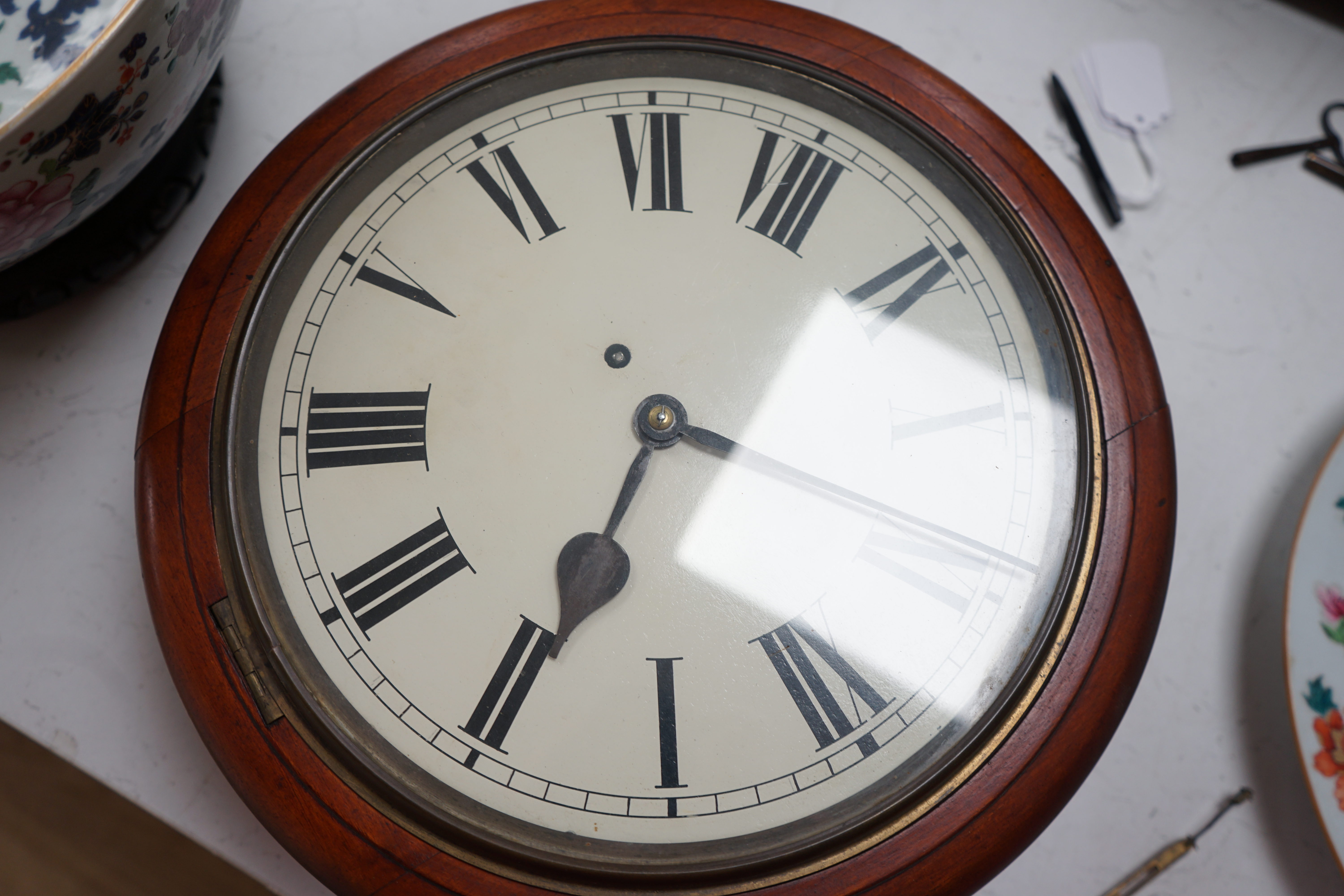 A Victorian mahogany wall clock with pendulum, single fusee movement, 39cm diameter. Condition - fair to good, not tested